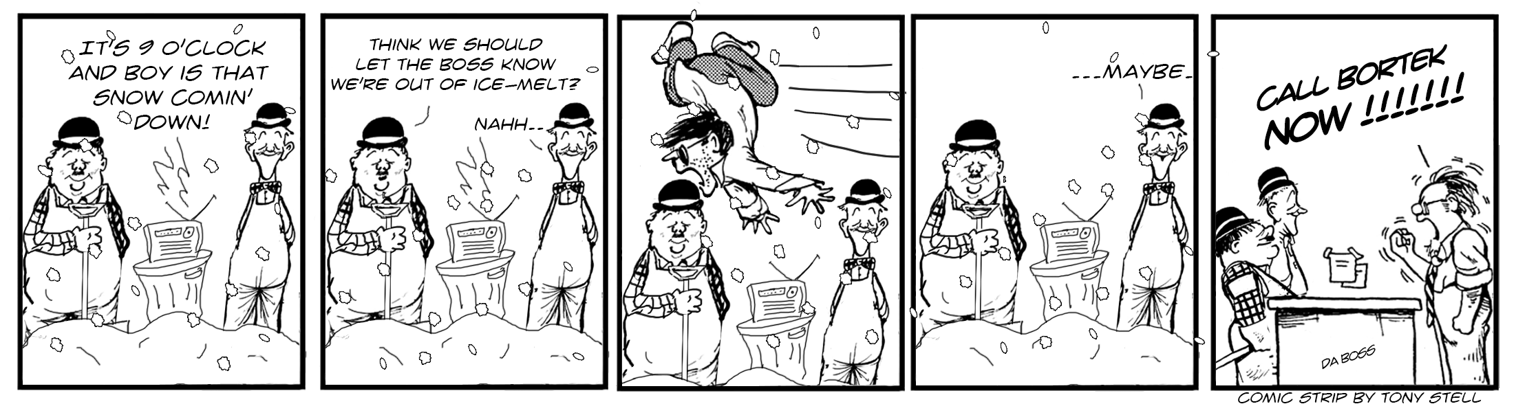 A comic strip about someone slipping on ice because the characters didn't put out ice melt ahead of time.