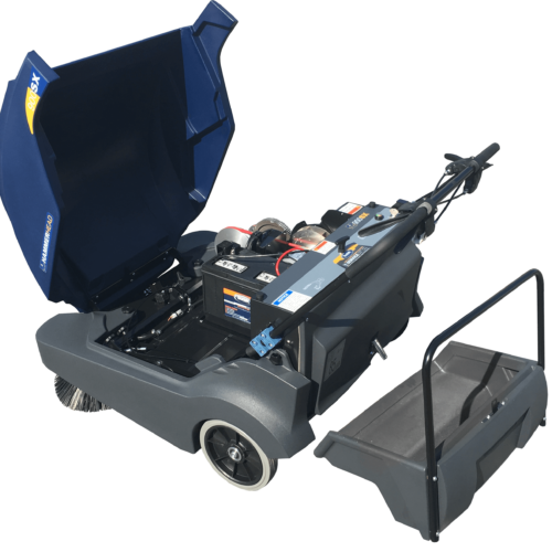 Hammerhead 900SX- Walk Behind Battery Powered Sweeper- open hopper and battery engine compartment HammerHead 900SX - Walk-Behind Sweeper Hopper Battery