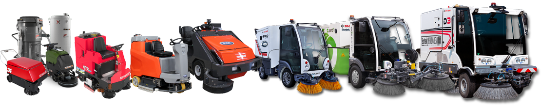 Lineup of industrial equipment including floor sweepers, scrubbers, vacuums, and mini street sweepers