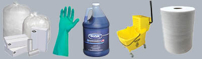 Trash can liners, rubber gloves, floor cleaner, yellow mop bucket, and paper towel roll