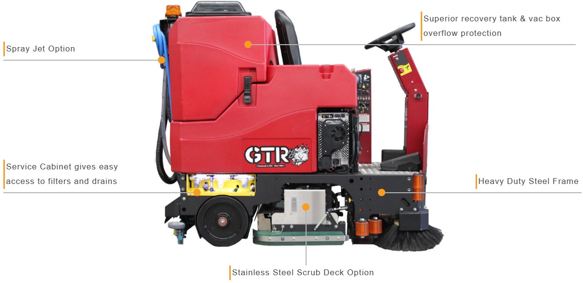 A labeled side view of a Factory Cat GTR Scrubber: Spray Jet Option, Service Cabinet gives easy access to filters and drains, Superior recovery tank & vac box overflow protection, Heavy Duty Steel Frame, Stainless Steel Scrub Deck Option