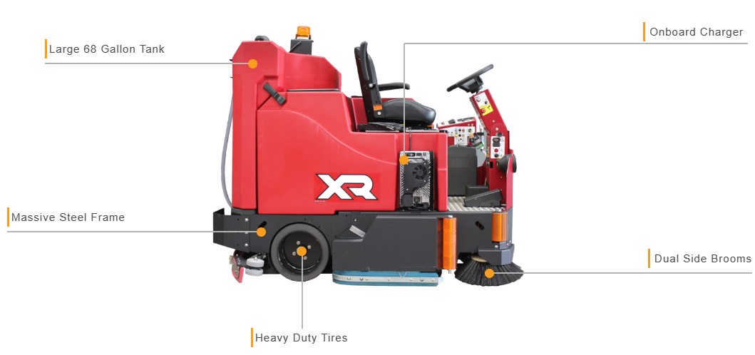 Labeled side view of a Factory Cat XR floor scrubber: Large 68 Gallon Tank, Massive Steel Frame, Heavy Duty Tires, Onboard Charger, Dual Side Brooms