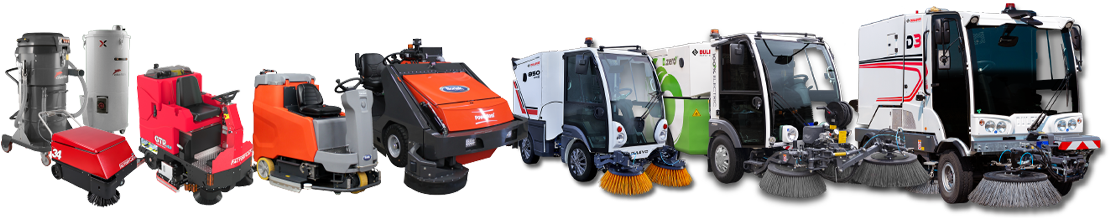 Lineup of industrial equipment including floor sweepers, scrubbers, vacuums, and mini street sweepers