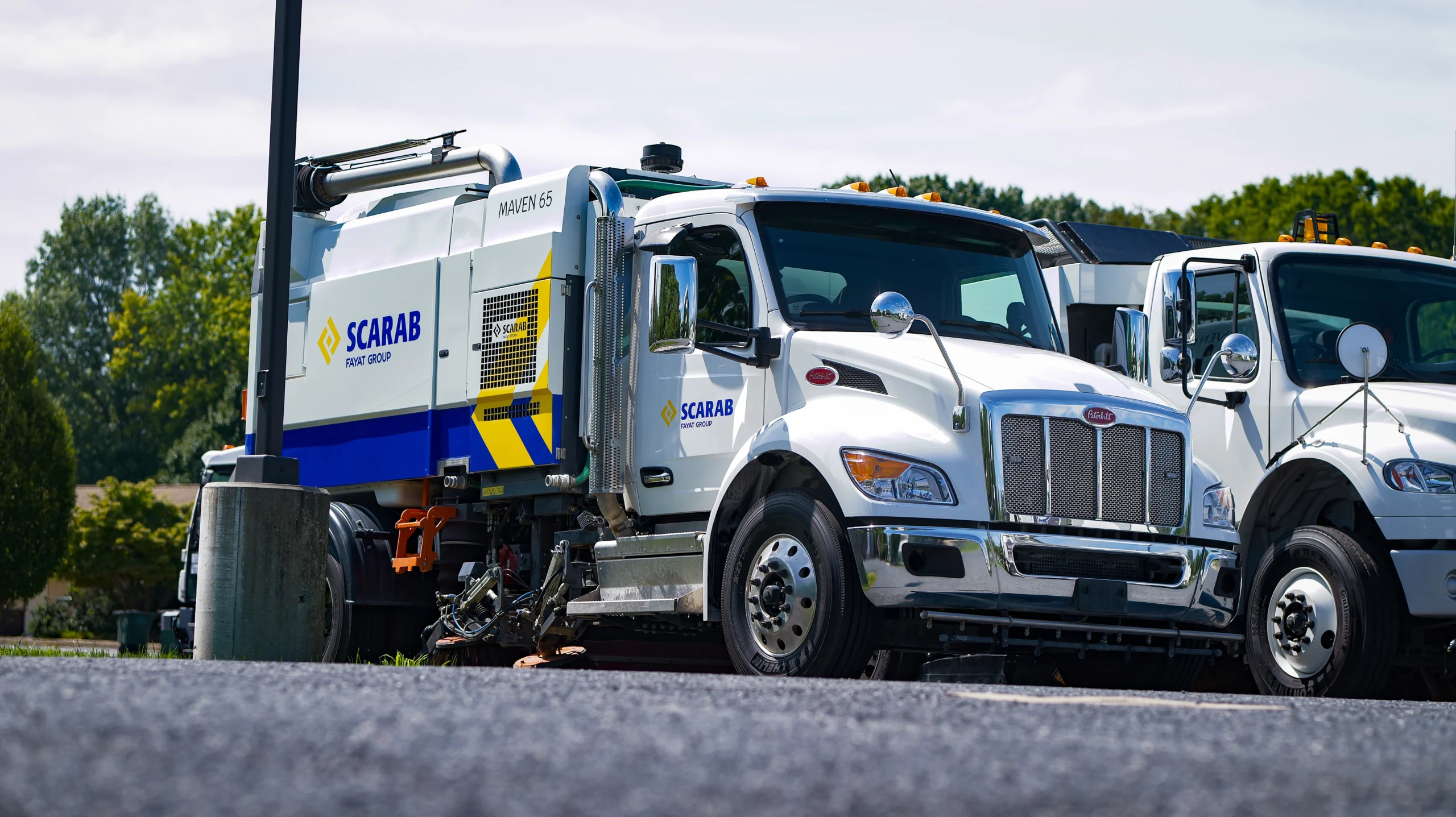 Scarab chassis-mounted street sweeper, low angle view